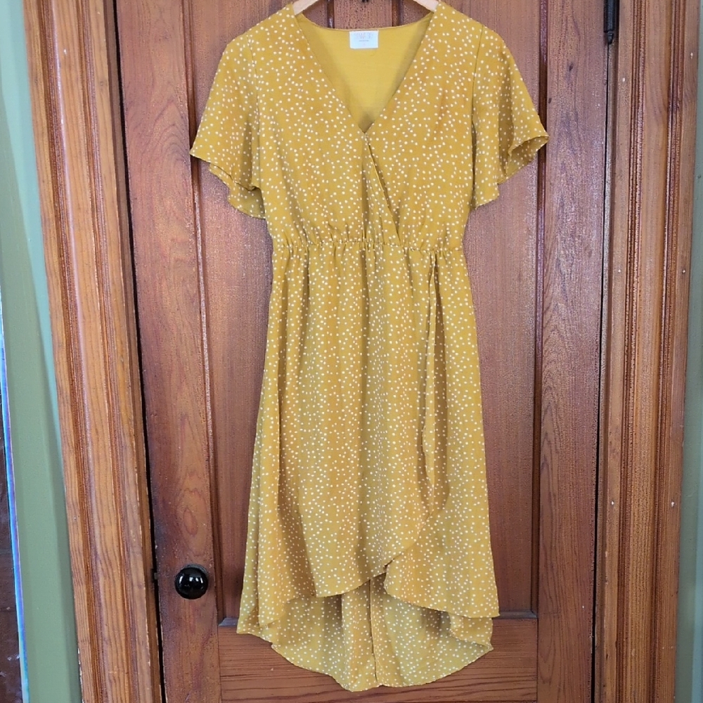 Sienna Sky Mustard Yellow Dot High-Low Wrap Dress